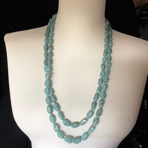 Faux Turquoise Beaded Necklace 56 Inches Long - Picture 2 of 6
